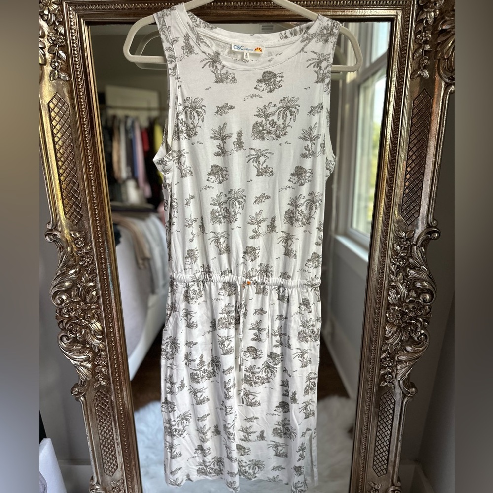 C&C California Tropical Palm Et Toile Cotton Midi Dress Small